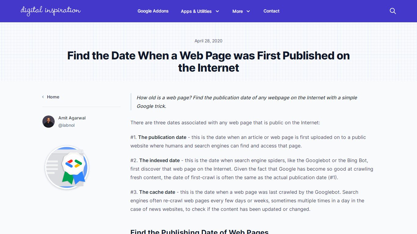 Find the Date When a Web Page was First Published on the Internet